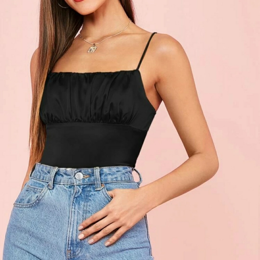 Black Satin Ruched Top